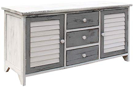 Rebecca Mobili Low Sideboard Tv Cabinet 2 Doors 3 Drawers Wood White Gray Vintage Style Living Room Entrance - 44 x 90 x 34 cm (H x W x D) - Art. RE6080