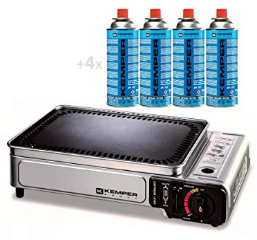Barbecue à gaz portable 2,8 KW avec plaque antiadhésive + 4 cartouches de gaz de camping