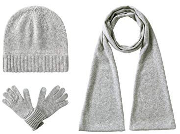 EURKEA Damen 100% reines Kaschmir Schal Handschuhe Beanie Mütze Geschenkbox Set, hellgrau, Small-Medium