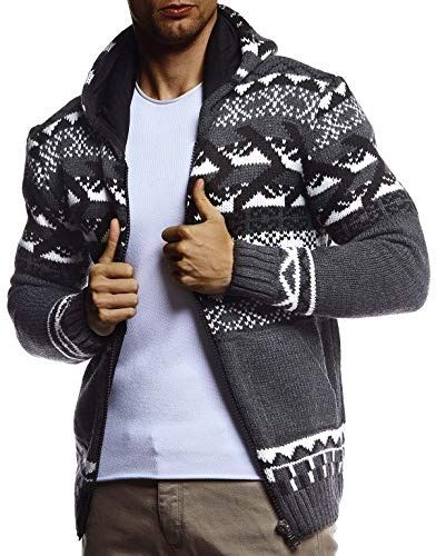 Leif Nelson LN20756 Veste en tricot à capuche pour homme - Veste d'hiver chaude - Veste d'hiver chaude pour homme - Motif norvégien - Grosse maille - Coupe ajustée