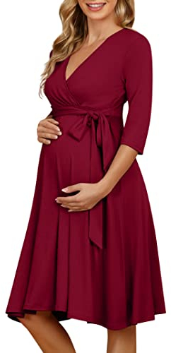 KOJOOIN Robe de maternité Femme Robe de Grossesse pour Femme Enceinte Robe d'allaitement col V Manches Longues avec Ceinture,vin Rouge,XL