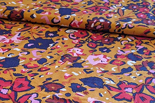 Viskosejersey, Blumenmusterung Blau/Rot auf Gelb als Meterware zum Nähen, 50 cm