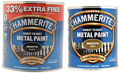 Hammerite 5092830 Direct to Rust Metal Paint - Smooth Gold Finish 750ML & 5158235 Metal Paint, Smooth Black, 1L