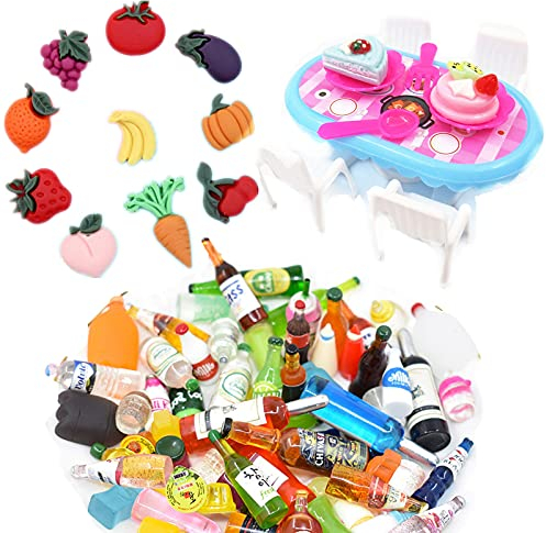 XHBTS 32 escala miniaturas casa de muñecas accesorios de cocina incluyen 10 frutas vegetales, 10 mini botellas de vino copas de champán, 12 mini silla de mesa para decoración de casa de muñecas