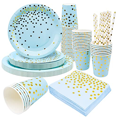 AMJKEJI 80 Pcs Blue & Gold Polka Dot Party Tableware Set, 20 Guests, Paper Plates, Cups, Straws & Napkins, Perfect for Birthdays, Weddings, Christmas