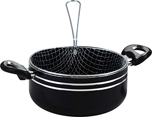 Marble Coated Non Stick Aluminium Chip Pan with Fryer Basket and Lid (Black, 24cm)