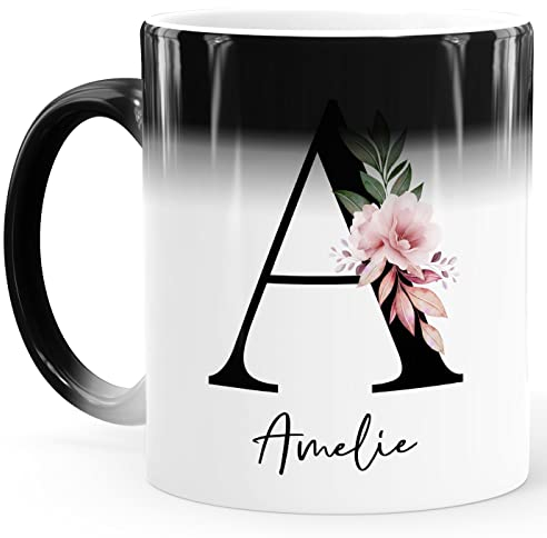 SpecialMe® Kaffee-Tasse Farbwechsel mit Buchstabe Initiale Monogramm personalisiert Namen Rosen-Motiv persönliche Geschenke Magic Magic-Tasse