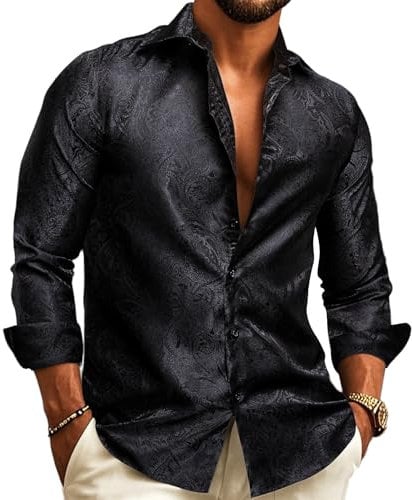 Barry.Wang Men Dress Shirt Silk Luxury Paisley Floral Long Sleeve Big and Tall Wedding Party Casual Business Formal Shirts Black S-3XL