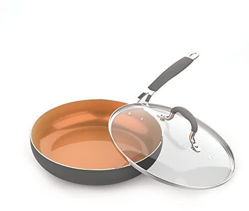 SUNHOUSE - Padella antiaderente in ceramica da 25,4 cm con coperchio - Impugnatura morbida, padella senza PFOA con rivestimento in ceramica non tossico, senza piombo - Padella antiaderente