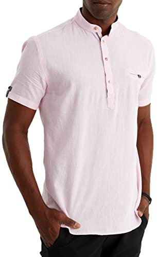 Leif Nelson Chemise d'été en lin pour homme - Manches courtes - Henley pour les loisirs et le travail - Mélange de lin et de coton - Coupe droite, Rose, S