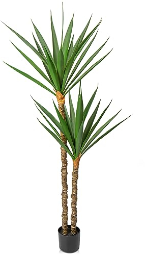 160cm Kunstpflanze Yucca Palme Künstliche Pflanzen groß mit 2 Köpfen im Kunststofftopf, Kunstpflanze Groß im Topf für Wohnzimmer Schlafzimmer Büro Deco, Indoor Outdoor Garten Moderne Dekoration