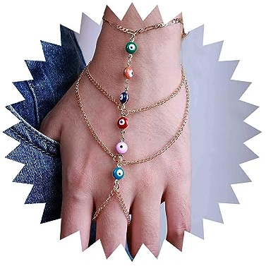 Wendalern Handkette Für Frauen - Geschichtet Bunt Böse Augen Fingerring Armband Gothic Sklavenarmband Handgeschirr Persönlichkeit Dämonenaugen Fingerkette Schmuck Für Mädchen
