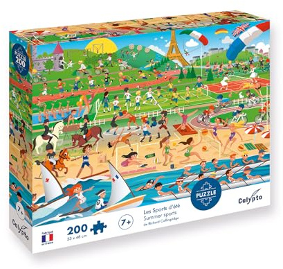 Calypto 3907400 Sommersport, 200 Teile Puzzle mit Soft Touch, Kinderpuzzle mit samtiger Oberfläche inkl. Puzzleposter, für Kinder ab 7 Jahren, Wimmelbild, Fußball, Reiten