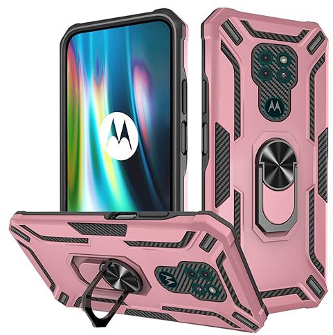 FERLAN Hülle für Motorola Moto G9/G9 Play/E7 Plus,Handyhülle Ganzkörper Robuste Stoßfeste Schutzhülle mit 360 Grad Ring Ständer, Handyhülle Kompatibel mit Motorola Moto G9/G9 Play/E7 Plus(Roségold)