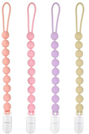 Silicone Pacifier Clip Holder, 4 Pack One Piece Soft Flexible Binky Clips