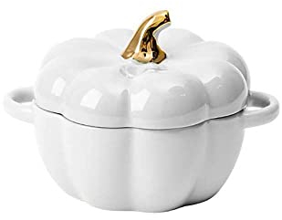 Bol en forme de citrouille avec couvercle - Plat de cuisson pour four - Décoration d'Halloween - Pour soupe, salade, céréales - Blanc