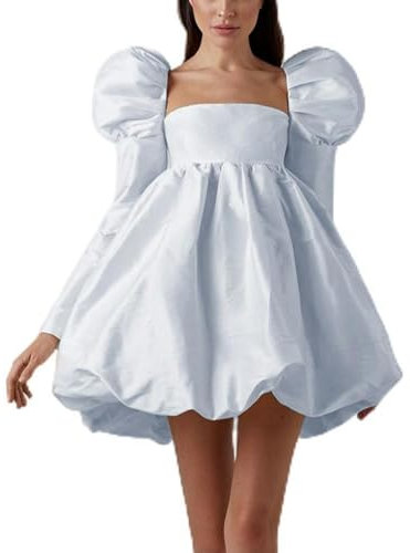 2023 Autumn French Puff Sleeve Satin Satin Princess Dress Long Sleeve Square Neck Palace Style Dress for Women - Blue - M