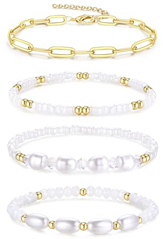 Dochais 4 Stück Armband Gold 14k Vergoldet - Edelstahl Damen Armkette Mit Perlen, Verstellbar Boho für Frauen und Mädchen