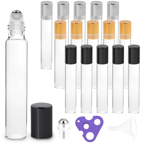 Mardatt 20 mini botellas atomizadoras de perfume recargables portátiles de 10 ml con tapa dorada/plateada/negra con bolas, abridor, embudos, botellas de aceite esencial, botella de muestra de perfume