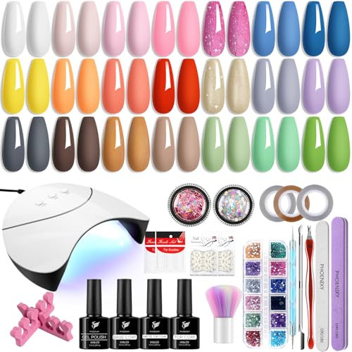 Phoenixy Gel Nail Kit, 24PCS U V Gel Nail Polish Set with Nail Lamp Glossy Matte Top Coat Base Coat Orange Blue Pink Colors Polish for Beginner DIY at Home