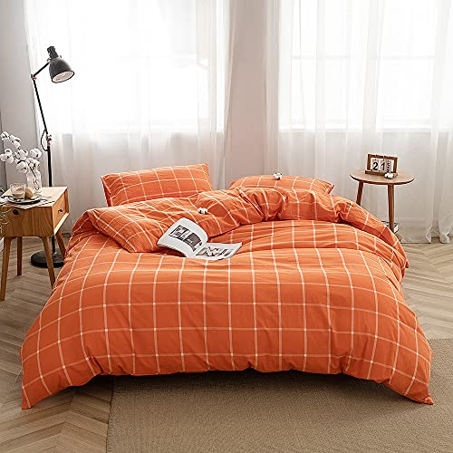 FACE TWO FACE Bettwäsche-Set, 2-teilig, 100 % gewaschene Baumwolle, Leinenähnlich, strukturiert, atmungsaktiv, langlebig, weich, bequem (Doppelbett, orangefarbenes Gitter)