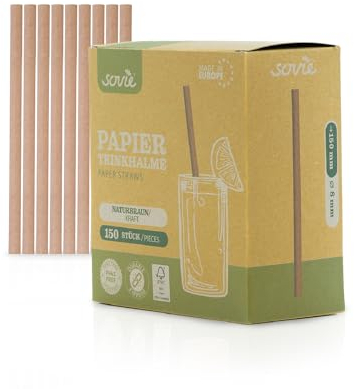 Mank Trinkhalme aus Papier, Papiertrinkhalme, Papier, Papierhalme Umweltfreundlich, Robust & Vielseitig einsetzbar, Strohhalme (150, Naturbraun, Ø 8 mm / 15 cm)