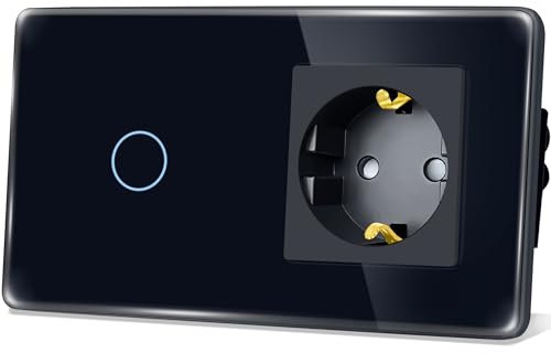 TAWOIA Touch Lichtschalter mit Steckdose,EU Standard 1 Fach Steckdose 1 Fach 1 Wege Unterputz Lichtschalter mit 2.5D Curved Glas Platte 86 * 157mm Schwarz