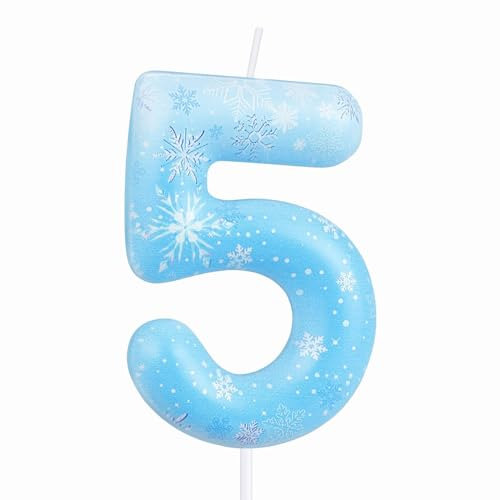 Schneeflocke Zahl Geburtstagskerzen, Blau Weiß 5 Geburtstag Kerze für Kuchen Mädchen, Frozen Nummer 5 Kerzen, Weiß Frozen Snow Candle Cake Topper für Frozen Themed Geburtstag Dekorationen Party