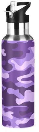 Bouteille d'eau avec paille anti-fuite - Motif camouflage violet - Bouteille isotherme pour filles et garçons - 600 ml