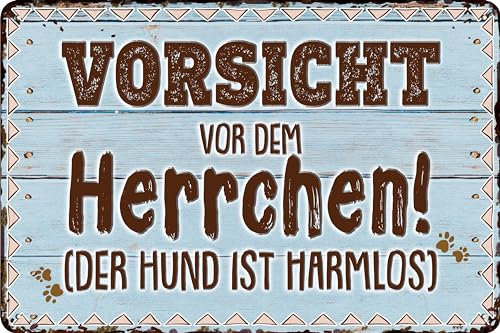 30 x 20 cm – Wetterfestes Hundeschild, Hunde Deko Schild, Lustiger Spruch für Hundebesitzer (Vorsicht vor dem Herrchen – der Hund ist harmlos!)