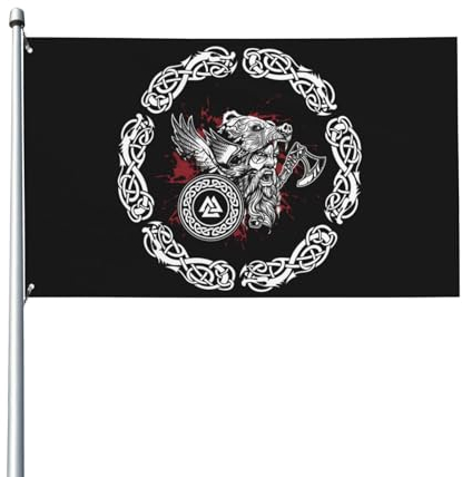 150 x 90 cm (5 x 3 Fuß) Wikinger skandinavische alte Rune Krieger Helm Symbol Flagge für Haus Rasen hängende Dekoration Hofbanner Urlaub Willkommen Flaggen mit 2 Metallösen, für drinnen und draußen