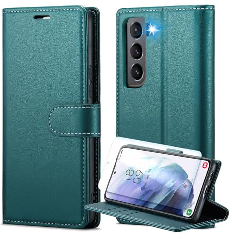 for Samsung Galaxy S21 Case and Screen Protectors with RFID Blocking Credit Card Holder, PU Leather Folio Flip Kickstand Protective Shockproof Women Men for Samsung S21 Wallet Phone Case (Green)
