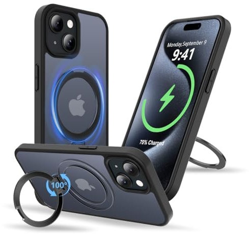 Garegce Magnetic Case for iPhone 15, Compatible with MagSafe Wireless Charging, with Built-In Stand, Shockproof TPU + Translucent Matte Hard PC Back Cover Case for iPhone 15 6,1, Matte Black
