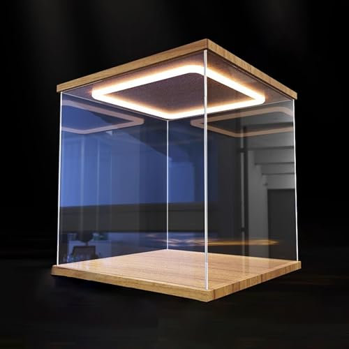 Jievmrs Vitrine Acryl-Vitrine mit Durchsichtigem LED-Würfel, Staubdichte Vitrine mit Holzsockel für Sammlerstücke, Aufbewahrungsbox für Figuren/Puppen, zu Öffnende Tür(40x40x40cm(16x16x16))