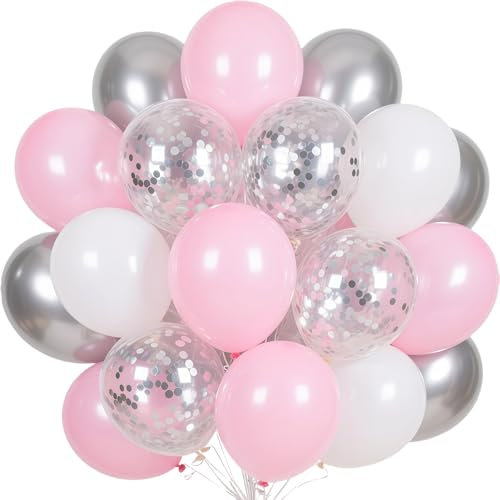 Ballons Rose et Blanc,60pcs Anniversaire Ballon Rose Blanc Métallisé Argent avec Confettis Roses Ballons Latex Hélium Ballon Baudruche Decoration Fete pour Mariage Filles Baby Shower Anniversaire