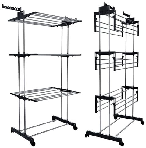 Stendibiancheria A Rotelle A Torre Verticale Stendino In Acciaio E ABS Salvaspazio Con Ali Richiudibile 169 x 75.5 x 63.5 Cm 4 Piani Ripiani Pieghevole Modulabile Biancheria Interno Esterno (Nero)