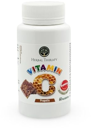 Vitamina C + propóleos, contra el cansancio y el dolor de garganta, apoya el sistema inmunológico, 60 pastillas masticables, vegano, sin aditivos innecesarios. HERBAL THERAPY