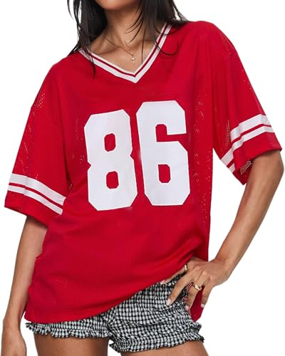 Cusghjbsg Women Basketball T-Shirt Summer Short Sleeve V Neck Number Print Loose Tops Oversized Jersey Baggy Pullover Shirt Streetwear (Red I, M)