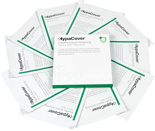 Safety First Aid HypaCover Pack of 10 Paraffin Gauze Dressing, 10cm x 10cm | Sterile and Hypoallergenic Dressings - Suitable for Burns, Cuts, Surgical Wounds
