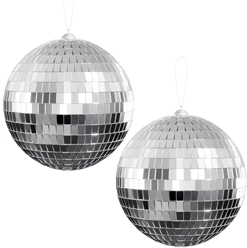 Youdepot Disco Ball 4 Inch 2-Pack,Silver Hanging Ball with Attached String for Ring,Reflects Light,Fun Party Home Bands Decorations,Party Favor.