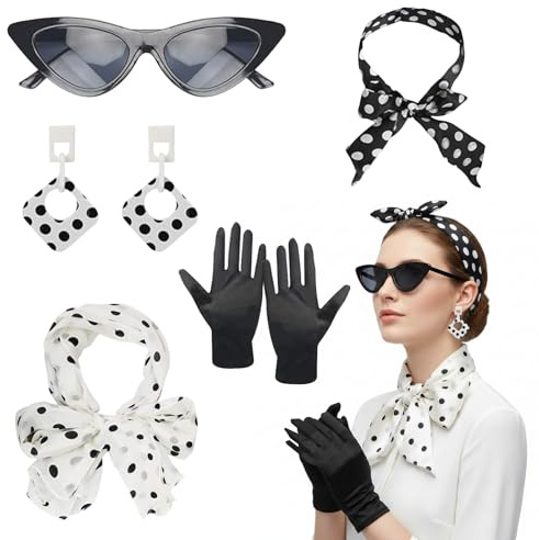 Wqafe Rockabilly Accessoires Damen, 5 Stücke 50er Jahre Kleider Damen Zubehör Retro Accessoires 50er Kostüm Jahre Set Chiffon Schal Katzenauge Brille Polka Dot Stirnband Ohrringe Handschuhe
