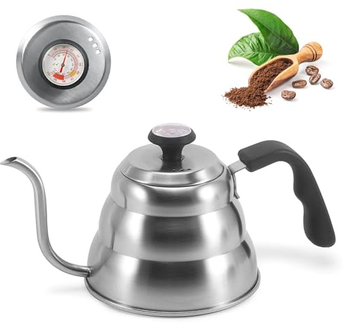 BORDEAG Wasserkocher Schwanenhals mit Thermometer, 1L Schwanenhals Wasserkocher, Edelstahl Wasserkessel Kaffeekanne, Gooseneck Kettle für Alle Herdtypen Langlebig und Einfach zu Reinigen