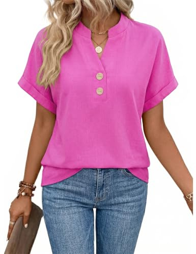 heekpek Tee Shirt Femme Col V Chemise Lin Coton Chemisier Femme Manche Courte Ample Haut Ete Top Chic et Élégant Décontracté T Shirt avec Boutons, Rose, XXL
