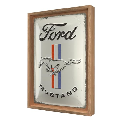 Nostalgic-Art Ford Mustang Blechschild im Holzrahmen, N-Frame M (24 x 33,5 x 3,5 cm), Horse & Stripes Logo Design, Original Lizenzprodukt (OLP)