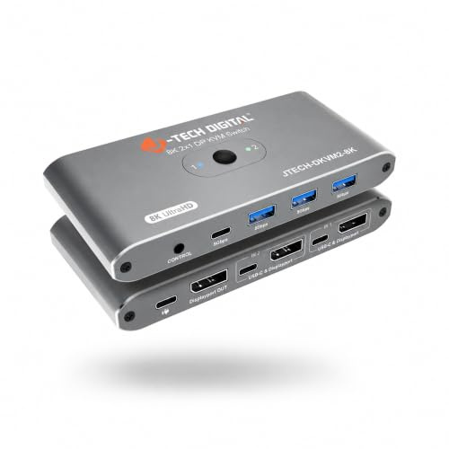 J-Tech Digital Conmutador KVM DisplayPort 1.4 8K 2 computadoras 1 monitor, 8K @60Hz / 4K @240Hz Dual PC DP KVM Switcher con 4 puertos USB 3.0 (3 USB-A + 1 USB-C), incluye cables DP y USB [JTECH-DKM21