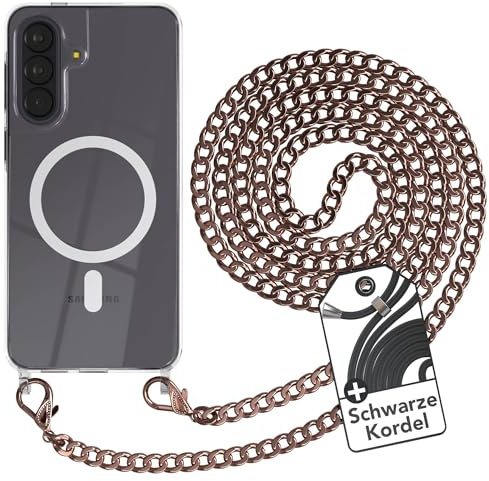 EAZY CASE - Handykette kompatibel mit Galaxy A57 Kette zum Umhängen Stoßfest Handyhülle für Galaxy A57 Silikon Hülle mit Band aus Metall Transparent als Fallschutz in Rosé-Gold