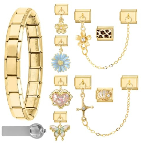 Dihope Italian Charm Bracelet Charms Gold Silber DIY Italienische Charm Armband Set Edelstahl 9mm Modular Anhänger Italian Style Charms für Damen mit Werkzeug Austauschbare Glieder Schmuck