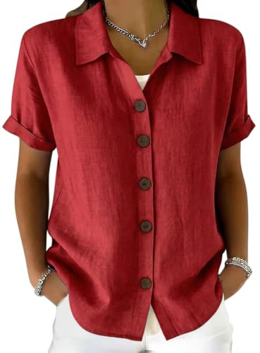 Onsoyours Camicia Donna Cotone Lino Estiva Camicetta Elegante Blusa Manica Corta Casual Scollo a V con Bottoni Shirt