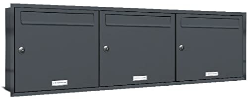 AL Briefkastensysteme, 3er Unterputzbriefkasten in Anthrazit Grau RAL 7016, Briefkastenanlage 3 Fach, Postkasten modern