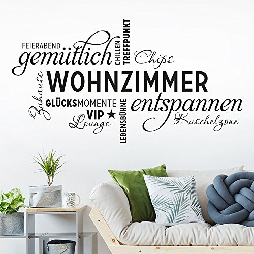 KLEBEHELD® Wandtattoo Wohnzimmer Wortwolke | VIP-Lounge, Zuhause, Kuschelzone, Sprüche, Wandaufkleber Farbe schwarz, Größe 100x54cm